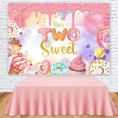 Miniatura 4 de Sensfun Donut Two Sweet Birthday - Telón de fondo para niñas, decoración de fiesta de segundo cumpleaños, fondo de fotografía, dona, helado