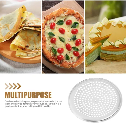Miniatura 7 de Zerodeko Bandeja de pizza de acero inoxidable, bandeja redonda perforada para pizza, bandeja para hornear pizza, bandeja para servir pizza