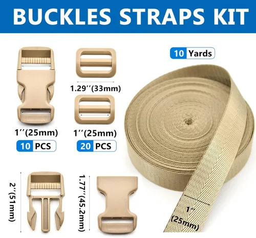 Miniatura 3 de Juego de correas de hebillas de 1 pulgada con correa de nailon de 10 yardas, 10 hebillas de plástico de liberación lateral rápida, 20 clips Caqui