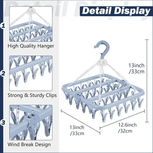 Miniatura 2 de Tendedero de ropa con 32 pinzas para la ropa, estantes de secado plegables Bule, gancho giratorio de 360° para secar toallas, sujetadores, ropa