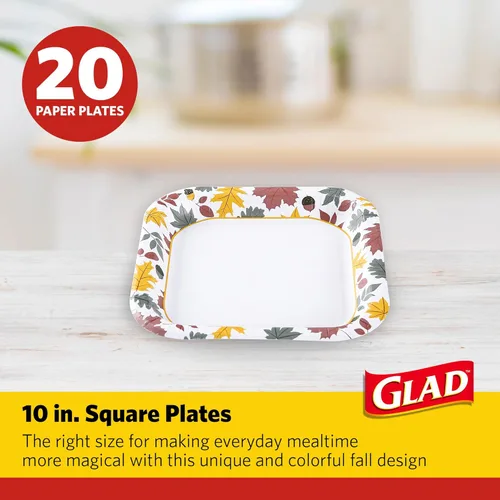 Miniatura 2 de Glad - Platos desechables cuadrados de papel, patrón de follaje otoñal - Platos decorativos fuertes, resistentes, a prueba de remojo y aptos