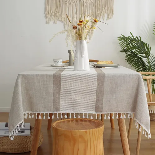 Miniatura 10 de Pahajim Mantel Rectangular a Rayas con Borlas, Mantel Grueso de Lino y Algodón para Picnic al Aire Libre, Comedor y Decoración de Cocina de Fiestas