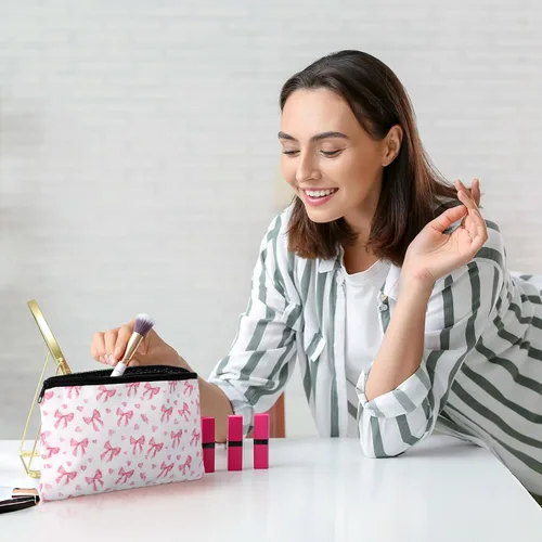 Miniatura 4 de Kacctyen 9 bolsas de maquillaje con lazo rosa para mujer, bolsa de cosméticos de coqueta a granel, bolsa de coqueta de regalo con cremallera