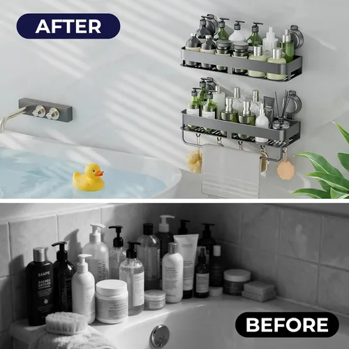 Miniatura 7 de Organizador de ducha esquinero, con ventosa y ganchos, organizador de baño de aluminio inoxidable sin perforaciones, estantes para decoración
