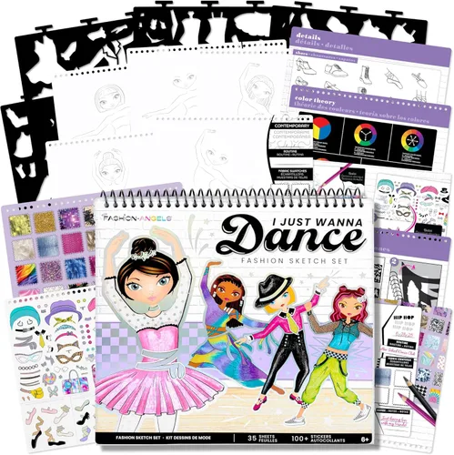 Miniatura 14 de Fashion Angels Cuaderno de bocetos de diseño de moda - Libro de bocetos para principiantes, bloc de bocetos con plantillas y calcomanías para niños