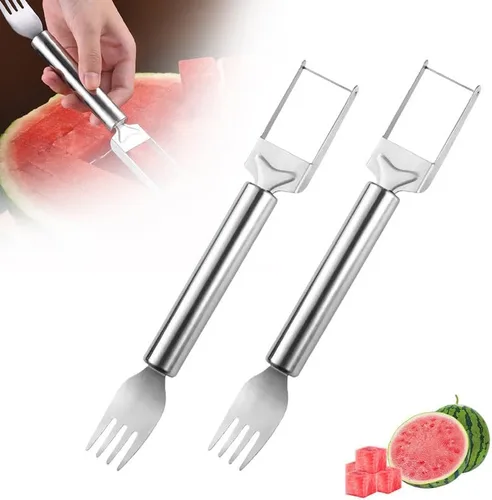 Kruggo Cortador de frutas de acero inoxidable 2 en 1, cortador de tenedor de sandía mejorado 2024, herramienta cortadora de tenedores de fruta de 2