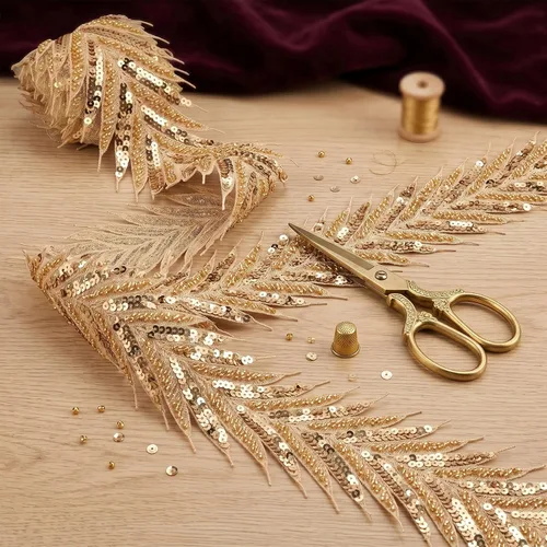 Miniatura 7 de Cinta de encaje con cuentas de encaje negro apliques de lentejuelas encaje de malla de flecha de encaje para coser, decoración de ropa