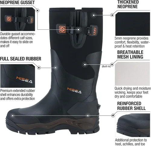 Miniatura 3 de HISEA Botas de caza de goma para hombres, botas de lluvia impermeables para trabajo de barro, agricultura, pesca, pantorrilla ajustable