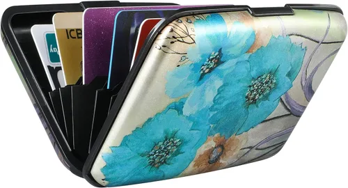 Miniatura 152 de ELFISH Mini cartera de aluminio RFID para tarjetas de crédito, funda de identificación de metal para hombres y mujeres, Happy Flower, Cartera Rfid