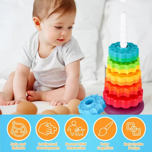 Miniatura 6 de Juguete giratorio apilable para niños, torre arco iris, ruedas giratorias de doble color, plástico ABS fuerte sin BPA, educación temprana, diversión