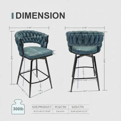 Miniatura 2 de Juego de 2 taburetes de bar giratorios de tela de gamuza con giro de 360°, base de metal y reposapiés, respaldo tejido tapizado para comedor, mesa
