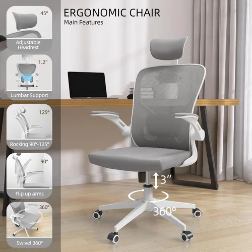 Miniatura 6 de Silla de oficina ergonómica, silla de escritorio de malla con respaldo alto para computadora con altura ajustable, soporte lumbar, reposabrazos