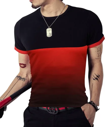 Miniatura 2 de kuboyee Mens Slim Fit Cotton T-Shirt Short Sleeve Crew Neck Contrast Gradient Color Stitching Tops Fashion Shirts Casual Tee