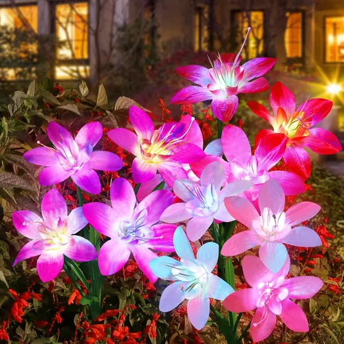 Aukora Paquete de 5 luces solares de jardín para exteriores, 5 colores de flores de lirio y cuentas deslizantes que cambian de 7 colores,