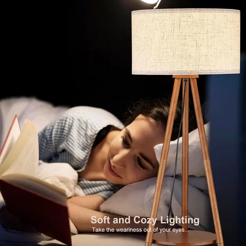 Miniatura 7 de Lámpara de pie trípode de madera BTP, luz de pie de granja con estante de madera y pantalla de tambor para sala de estar, dormitorio, oficina