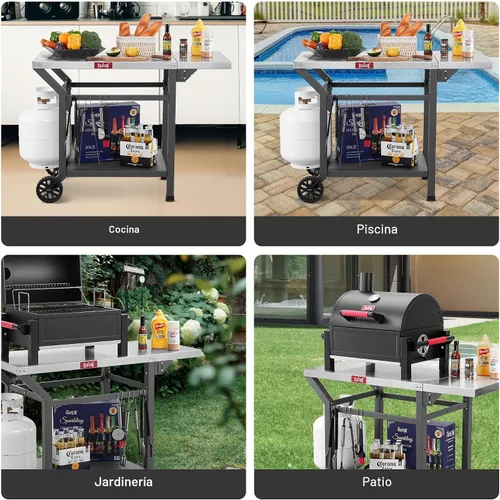 Miniatura 8 de Feasto Mesa de parrilla móvil con mesa auxiliar plegable, mesa para horno de pizza como carrito de preparación de alimentos para barbacoa con Gris