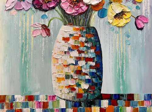 Miniatura 5 de V-inspire Arte, pintura al óleo moderna pintada a mano de 30 x 45 pulgadas, ramo completo de flores, lienzo acrílico abstracto, decoración de pared