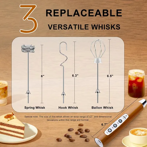 Miniatura 4 de YUSWKO Varita espumadora de leche de mano de grano de madera para café, batidor eléctrico recargable con 3 cabezales, 3 velocidades, mezclador