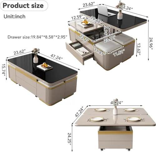 Miniatura 2 de Guyii Mesa de centro elevable con taburetes de almacenamiento, mesa central 3 en 1, altura ajustable, mesa plegable para sala de estar, ahorro