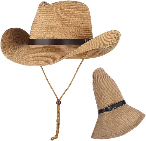 Miniatura 11 de Sombrero de vaquero de paja para hombres y mujeres, sombrero de sol de ala ancha, sombrero de vaquera Panamá con correa para la barbilla, sombrero