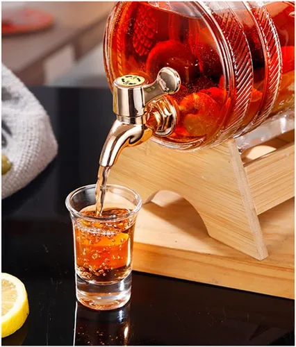 Miniatura 6 de Dispensador de bebidas de barril de vidrio de 1 litro con espita y soporte Dispensador de bebidas frías Dispensador de barril de vino (plata)