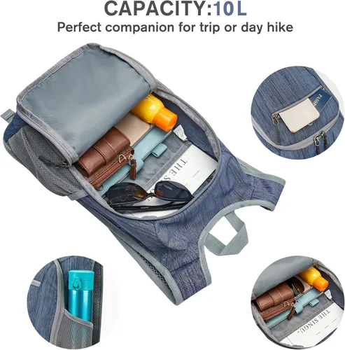 Miniatura 5 de G4Free 10L/15L Mochila para Senderismo Plegable Ligera, Mochila de Día para Caminatas, Pequeña, Viaje al Aire Libre, Bolsa de Hombro Plegable Azul