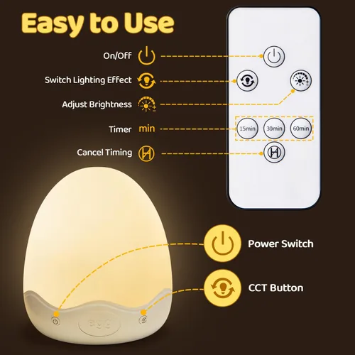 Miniatura 9 de Luz nocturna de bebé para niños, 10 niveles de brillo + 10 colores de luz de huevo para guardería, táctil + control remoto + luz nocturna de huevo