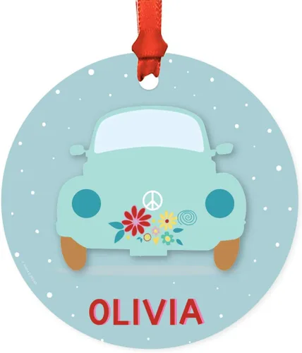 Andaz Press Adorno de Navidad redondo personalizado de metal, hippie de los años 70 VW Aqua Bug, 1 paquete, decoraciones personalizadas para