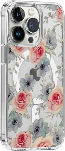 Miniatura 4 de Funda magnética transparente para iPhone 13 Mini [compatible con MagSafe Charger] patrón de estampado floral de flores, funda delgada antiarañazos