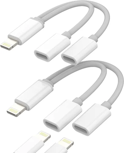 Adaptador de auriculares para iPhone (paquete de 2) Divisor Lightning dual 2 en 1, adaptador de conector doble para carga de audio, cable de carga
