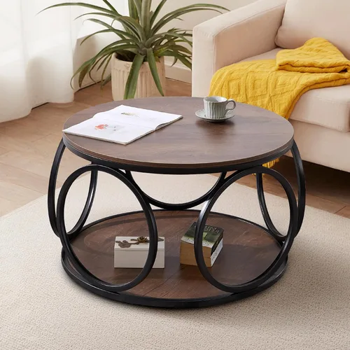 Miniatura 3 de BECHAEO Mesa de centro redonda de 31.5 pulgadas con almacenamiento, mesa de centro vintage de 2 niveles para sala de estar, parte superior de madera