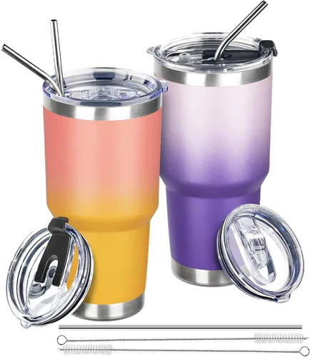 Miniatura 20 de Vaso de 30 onzas con tapas y pajillas, vaso aislado al vacío de doble pared, de acero inoxidable, a prueba de fugas, con recubrimiento en polvo