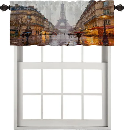 Miniatura 114 de Cortinas opacas de cocina con pintura al óleo de Europa rosa y negra para ventanas, cenefas opacas modernas de torre Eiffel de poliéster multicapa