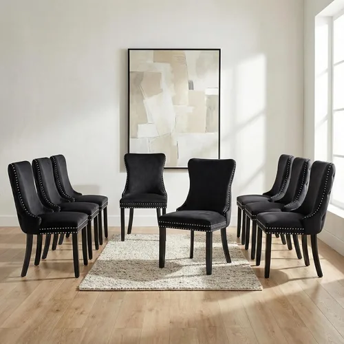 Miniatura 12 de OVENTA Juego de 4 sillas de comedor modernas tapizadas con respaldo completo, sillas de comedor de terciopelo dorado con patas de madera maciza