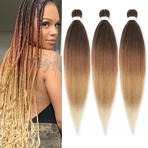 Miniatura 48 de Cabello trenzado marrón preestirado de 30 pulgadas, 3 paquetes de cabello trenzado preestirado de color 30 EZ, textura Yaki, extensiones de cabello