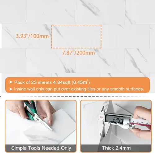Miniatura 6 de VAOVI Azulejos de mármol de metro para despegar y pegar, azulejos individuales de pared de cocina, baño, ducha, 3.93 x 7.87 pulgadas