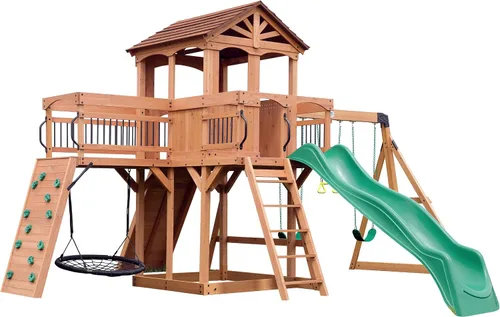 Miniatura 21 de Juego de columpios Backyard Discovery Sterling Point con tobogán de ola, casa de juegos elevada, puente de madera, pared de roca, columpios