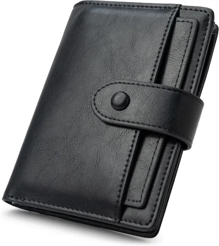 Alldaily Cartera pequeña de piel con bloqueo RFID para mujer, plegable con 10 ranuras para tarjetas y bolsillo con cremallera, Negro, Pequeña,