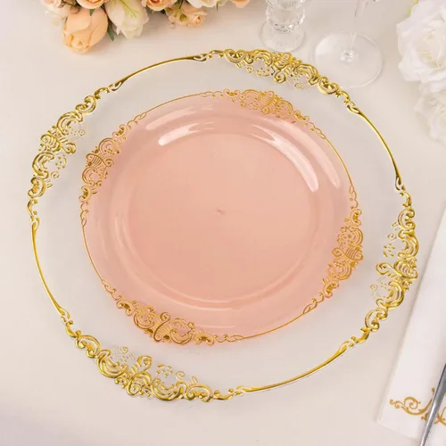 Miniatura 31 de Tableclothsfactory Paquete de 10 platos redondos de plástico barroco dorado de 8 pulgadas para ensalada de postre, vajilla desechable con borde