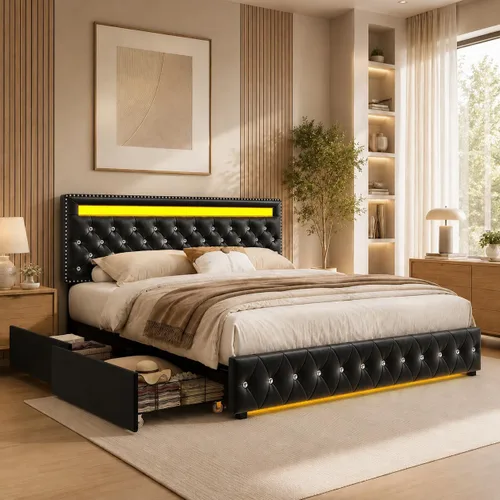 Miniatura 11 de GEGOFORU Marco de Cama LED King con 4 Cajones de Almacenamiento, con Control Inteligente de Luces LED RGBW en Cabecero y Piecero, Control