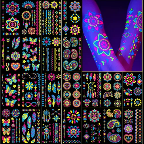 Suministros de fiesta con tatuajes temporales que brillan en la oscuridad 192+ PIEZAS, Tatuajes faciales reactivos de neón UV con luz negra para