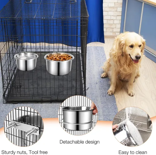 Miniatura 6 de Caja de comida y agua para jaula y Cuenco, ShineMe 2 Pack Cuencos colgantes de acero inoxidable para jaulas, perreras, jaulas, Cuencos colgantes
