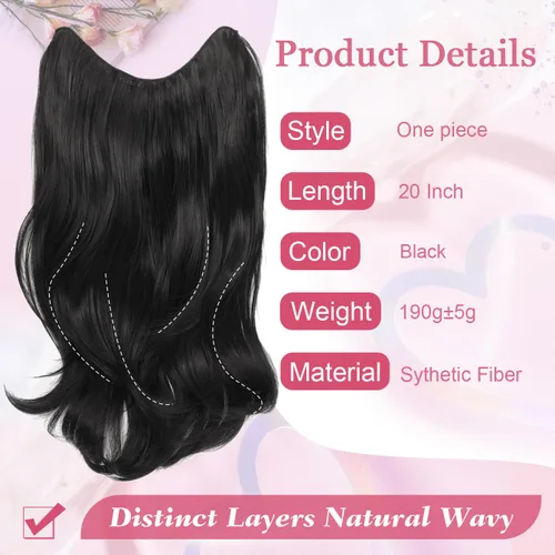 Miniatura 2 de Extensiones de cabello con clip en forma de U, 1 unidad, extensiones de cabello negro de 20 pulgadas, extensiones de cabello de fibra sintética