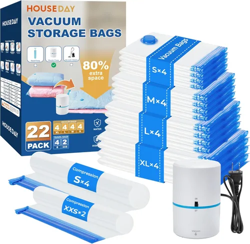 Miniatura 16 de HOUSE DAY Paquete de 22 bolsas de almacenamiento al vacío con bomba, bolsas de sellado al vacío para ahorrar espacio para ropa y viajes, 4 jumbo/4