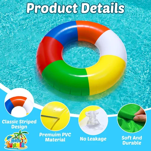 Miniatura 3 de 2 piezas de herramientas inflables de natación de 35 pulgadas, anillos de natación a rayas de arco iris, flotadores de playa, piscina, anillos