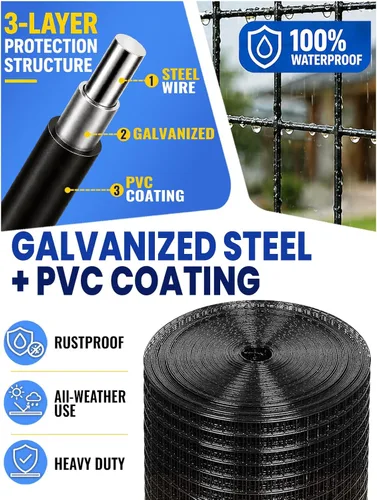 Miniatura 5 de Malla de Alambre Recubierto de Vinilo Negro PVC Paño de Hardware 1/2 pulg 60 cm x 30 m Calibre 19, Valla de Alambre Soldado Malla de Alambre