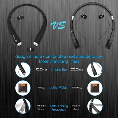 Miniatura 5 de AMORNO Auriculares Bluetooth plegables, auriculares deportivos inalámbricos con banda para el cuello con auriculares retráctiles, auriculares