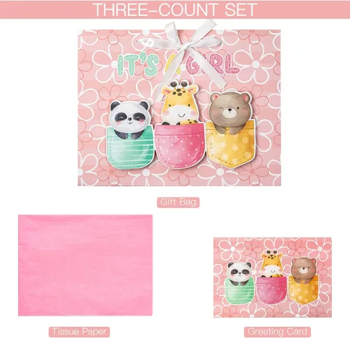 Miniatura 3 de Loveinside Bolsa de regalo para niña con diseño de animales rosados con papel de seda y tarjeta de felicitación para baby shower, nuevos padres