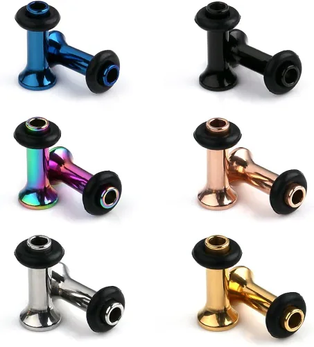 Ruifan 6 pares de acero quirúrgico con un solo calibre de túnel acampanado, kit de estiramiento de oreja, tapones de perforación, 6 colores, del