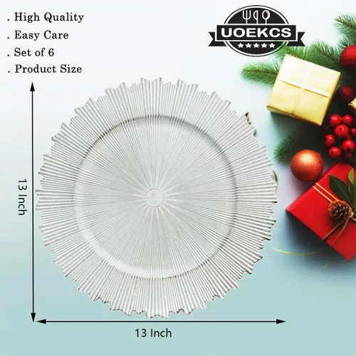 Miniatura 6 de Platos Base Blancos Antiguos, Platos Base Redondos de 13" para Platos de Cena, Juego de 6 Platos Base de Plástico para Bodas, Fiestas, Decoración